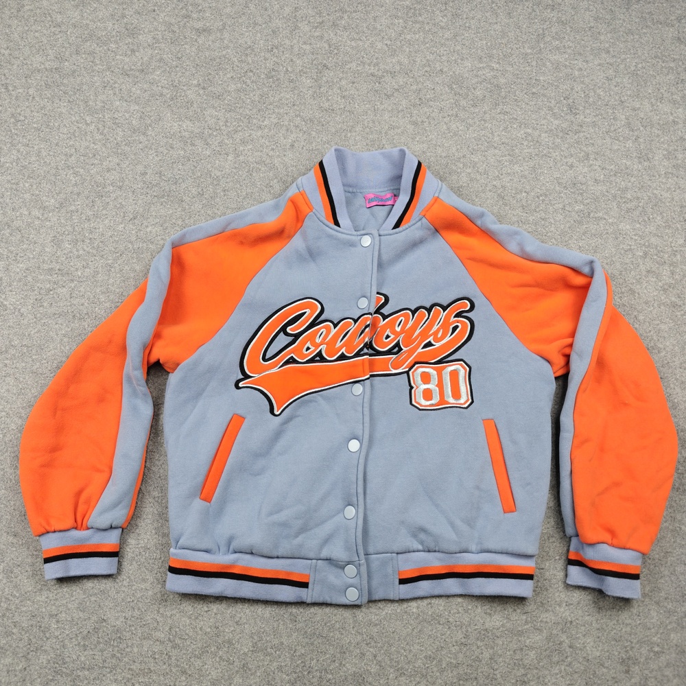 Edikted Jacket Womens Small Blue Varsity Snap Pockets Embroidered Logo Lined